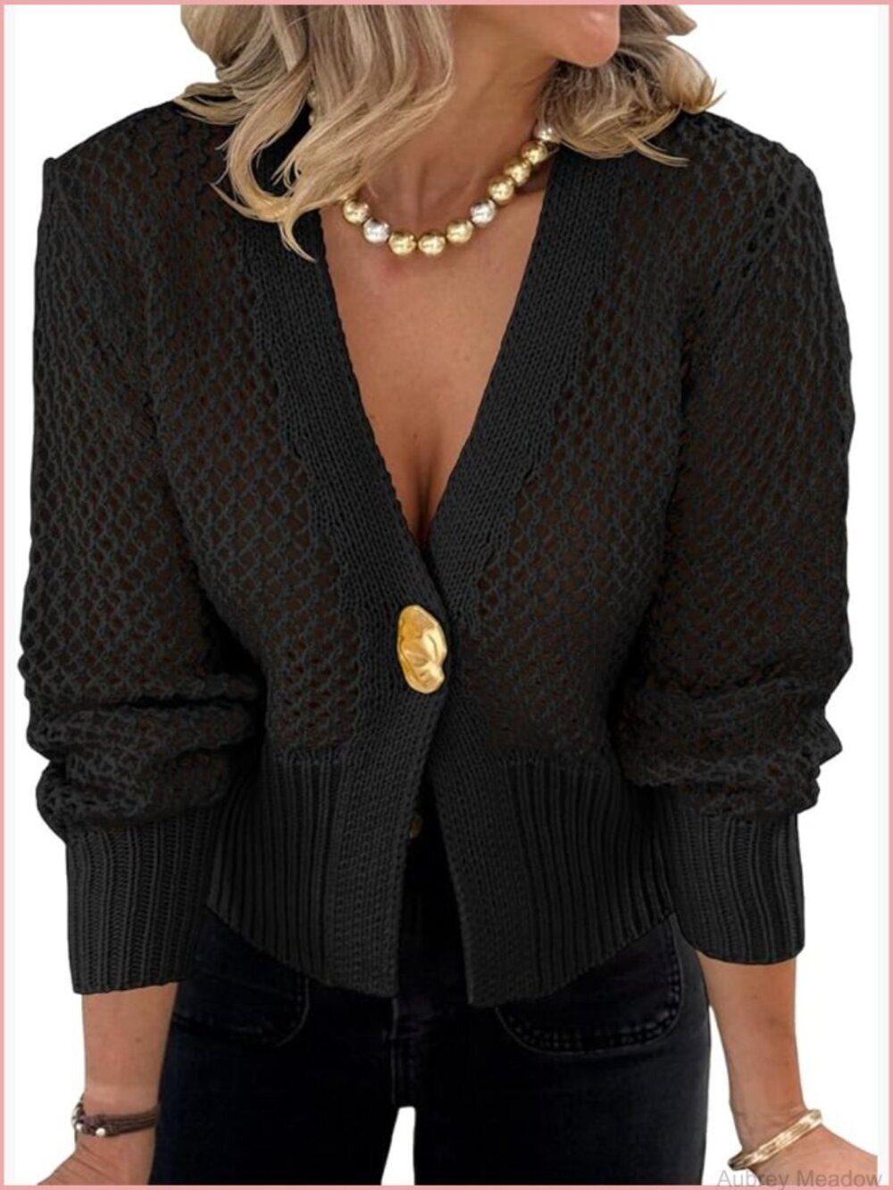 Cropped Crochet Cardigan Hollow Out Button Down Lantern Sleeve Knit Sweater